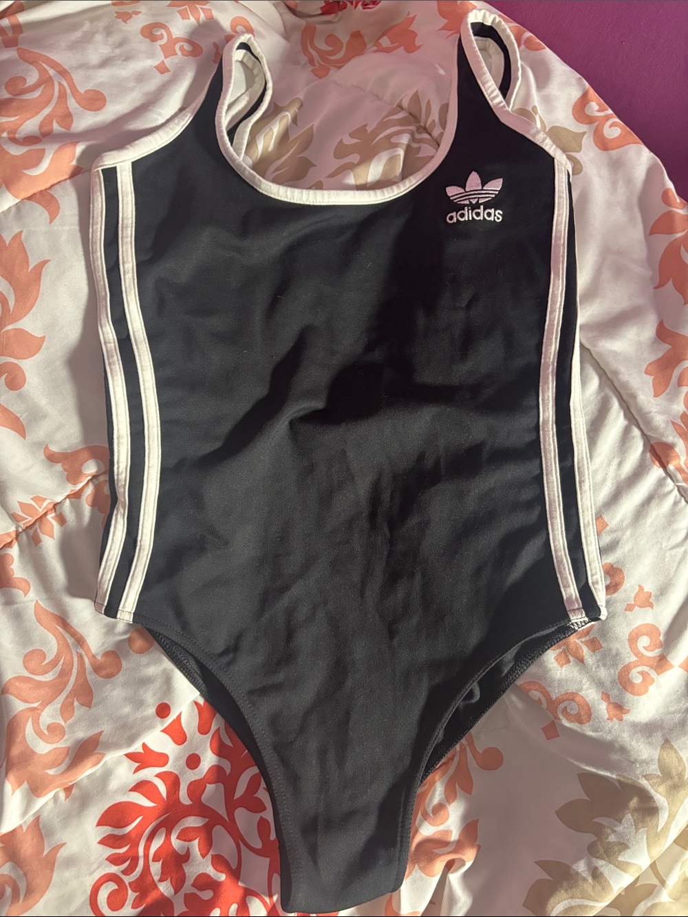 adidas Black Bodysuit with White Trim and Stripes